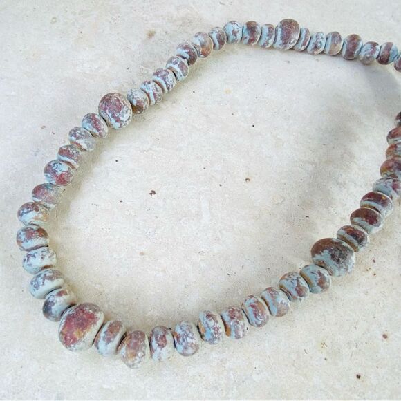 RusticClay Ceramic White Pale Blue Rosary Beads Distressed Decor Garden Necklace - Picture 6 of 16